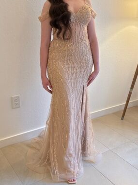 Camille La Vie Beaded Off-Shoulder Gown in Champagne Gold